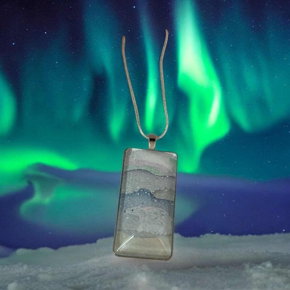 Original Watercolor Polar Bear and Aurora Borealis Pendant Necklace